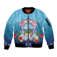Guam Chamorro Sleeve Zip Bomber Jacket Tribal Latte Stone With Dolphins Blue LT05 Unisex Blue - Polynesian Pride