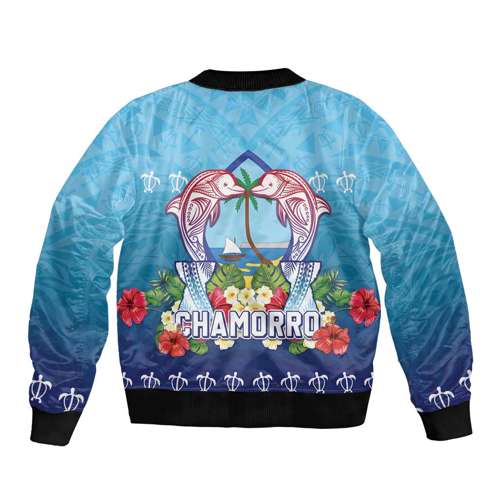 Guam Chamorro Sleeve Zip Bomber Jacket Tribal Latte Stone With Dolphins Blue LT05 - Polynesian Pride