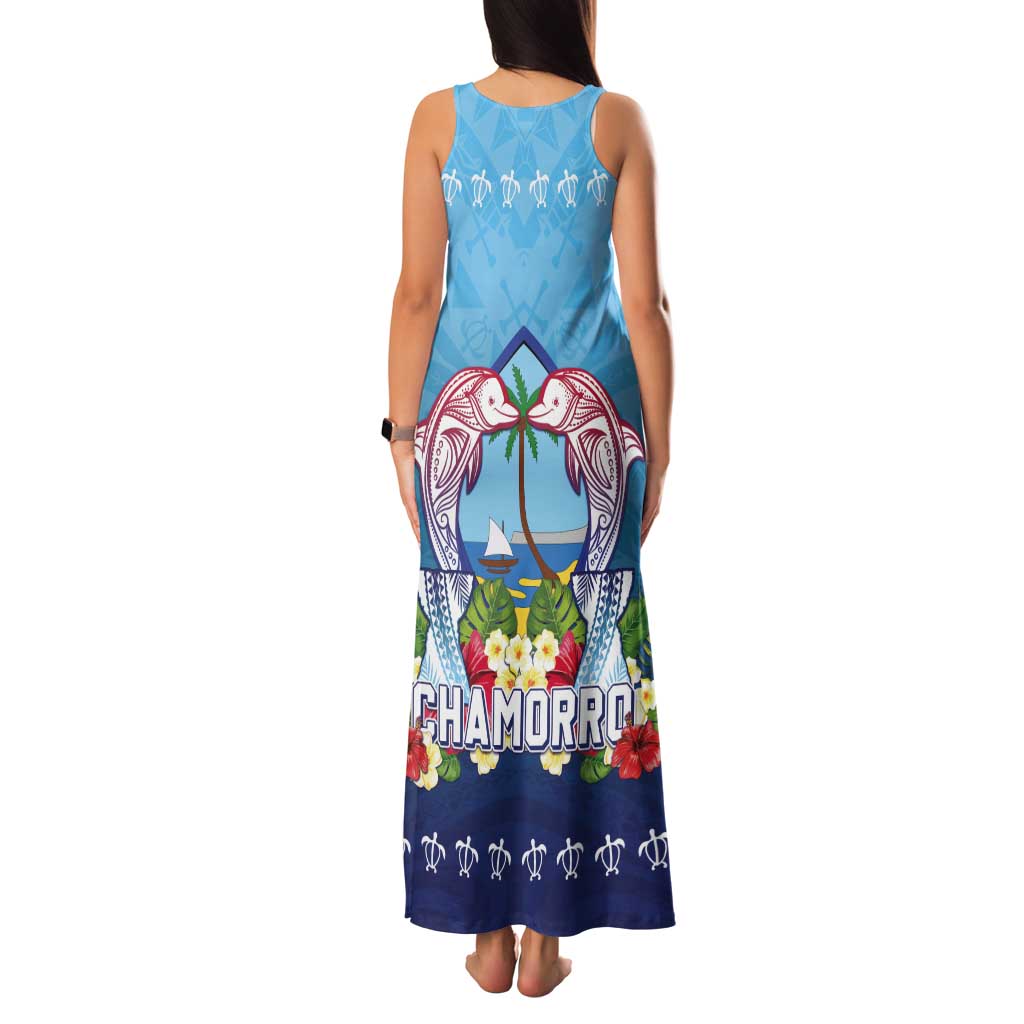 Guam Chamorro Tank Maxi Dress Tribal Latte Stone With Dolphins Blue