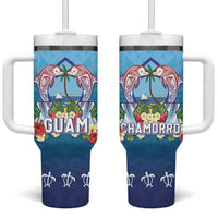 Guam Chamorro Tumbler With Handle Tribal Latte Stone With Dolphins Blue