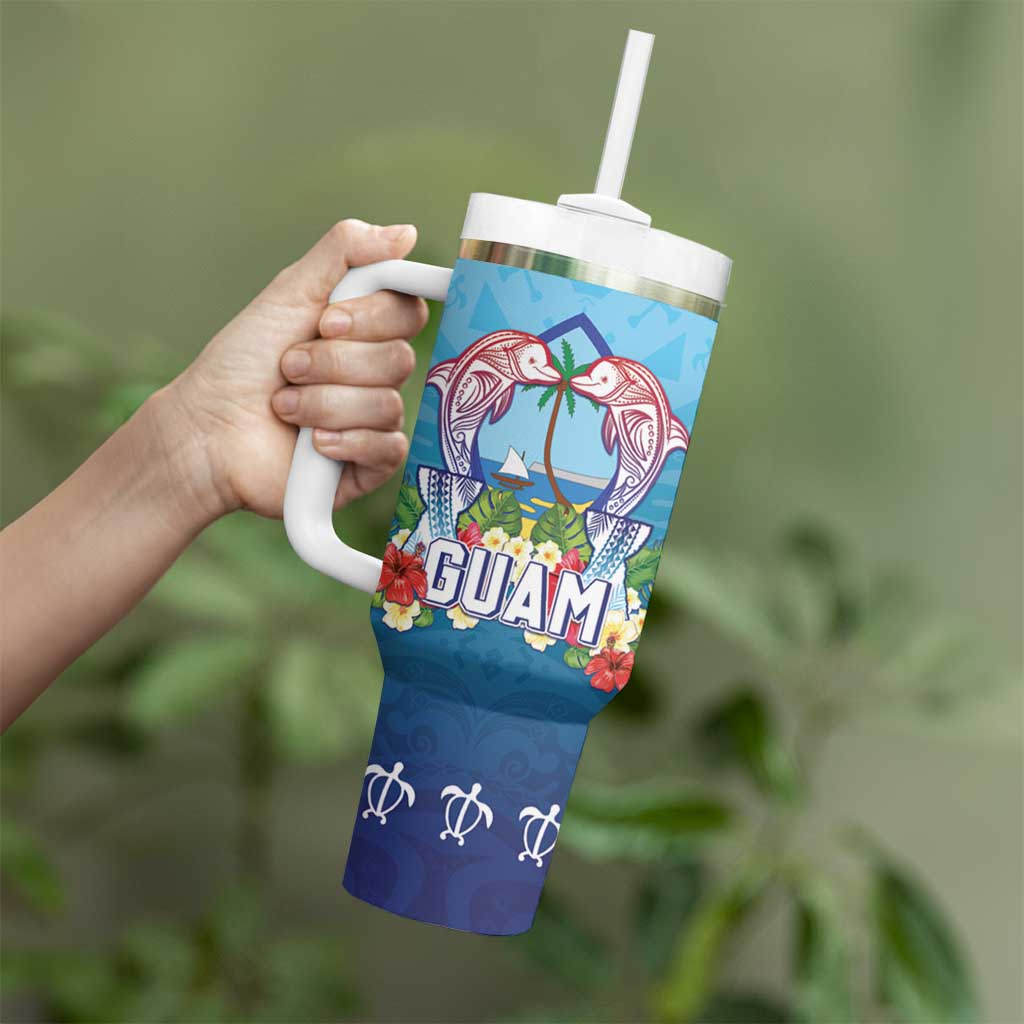 Guam Chamorro Tumbler With Handle Tribal Latte Stone With Dolphins Blue