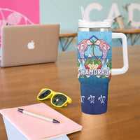 Guam Chamorro Tumbler With Handle Tribal Latte Stone With Dolphins Blue