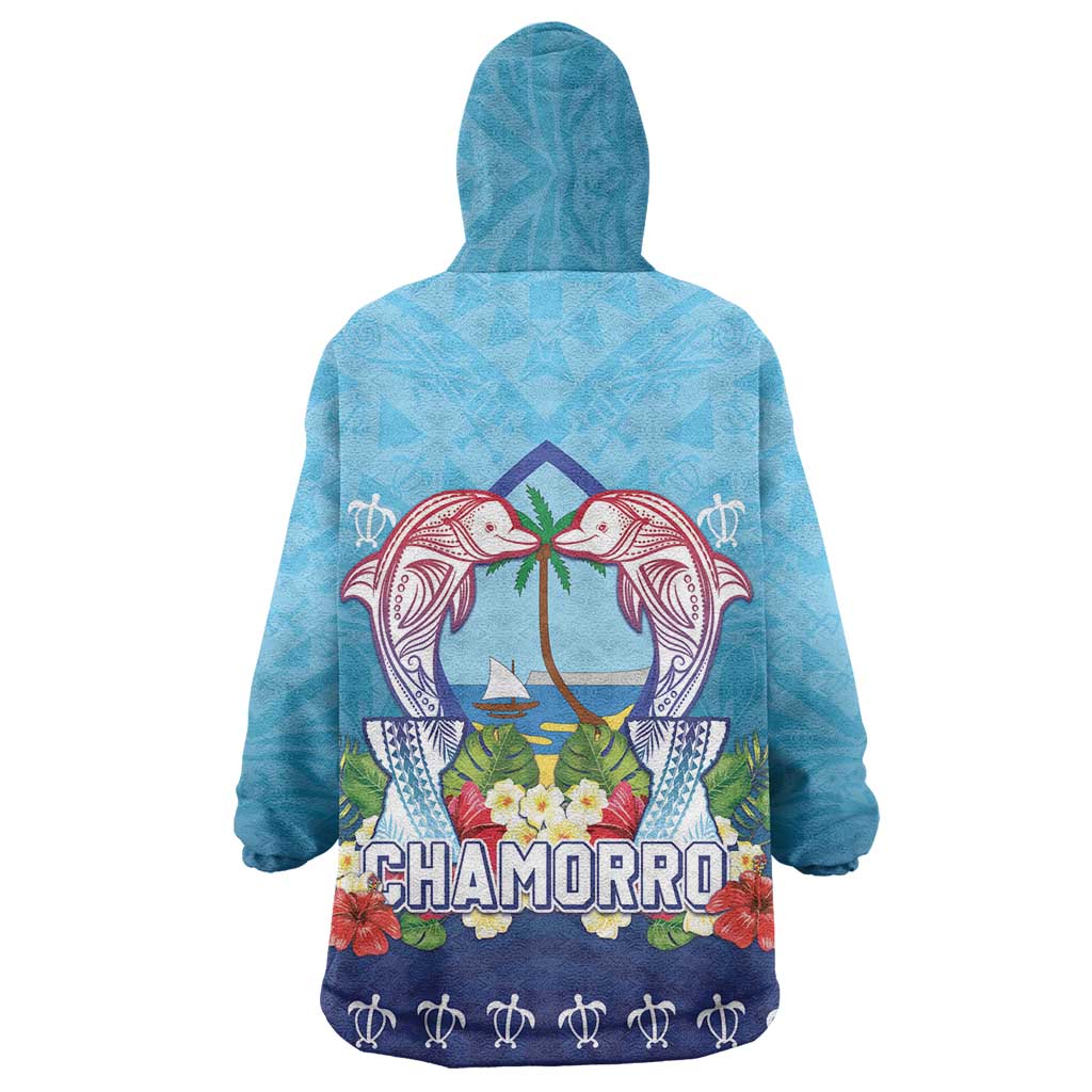 Guam Chamorro Wearable Blanket Hoodie Tribal Latte Stone With Dolphins Blue