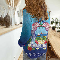 Guam Chamorro Women Casual Shirt Tribal Latte Stone With Dolphins Blue