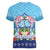 Guam Chamorro Women V-Neck T-Shirt Tribal Latte Stone With Dolphins Blue