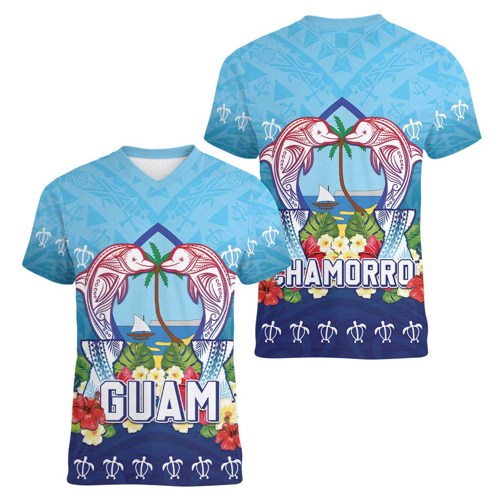 Guam Chamorro Women V-Neck T-Shirt Tribal Latte Stone With Dolphins Blue