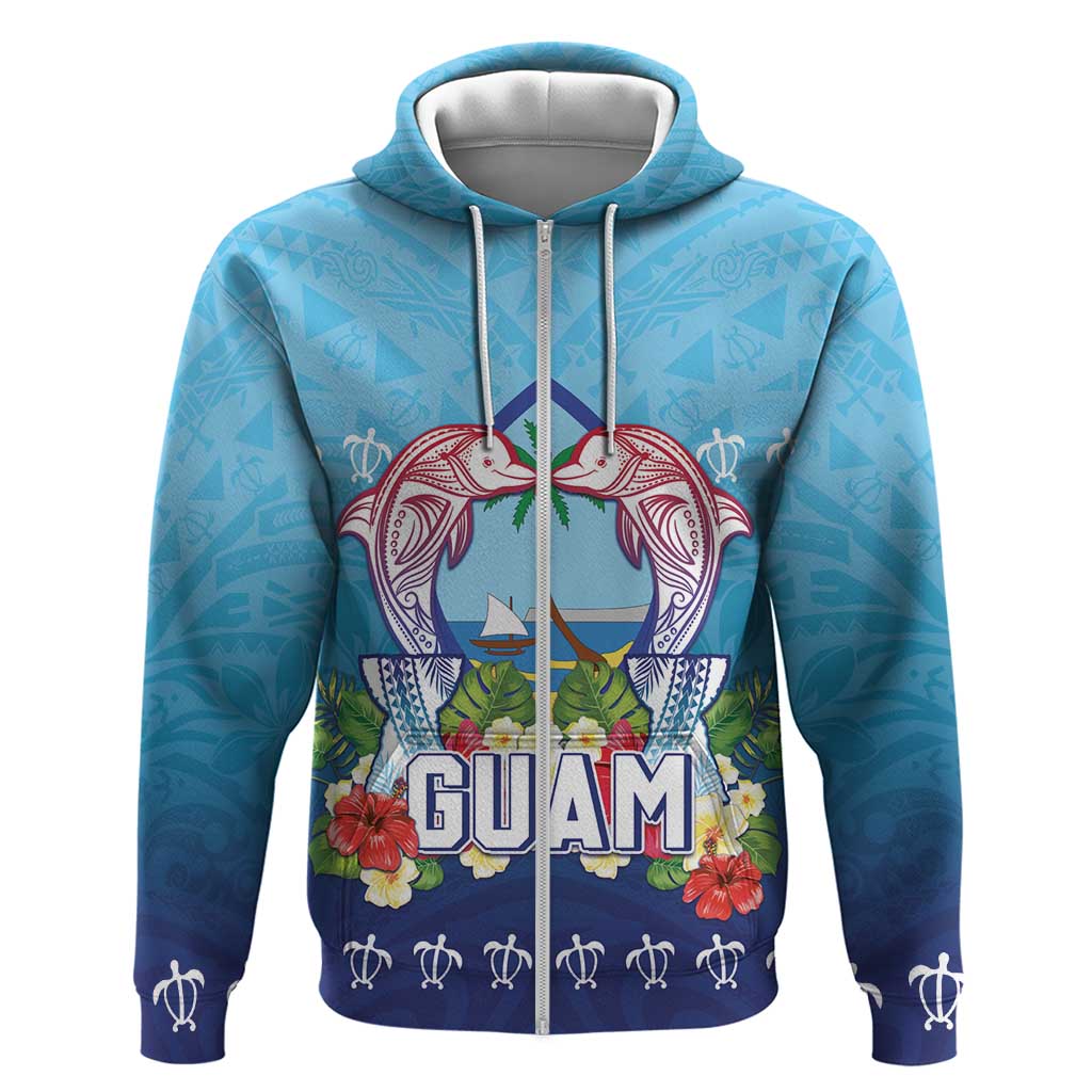 Guam Chamorro Zip Hoodie Tribal Latte Stone With Dolphins Blue