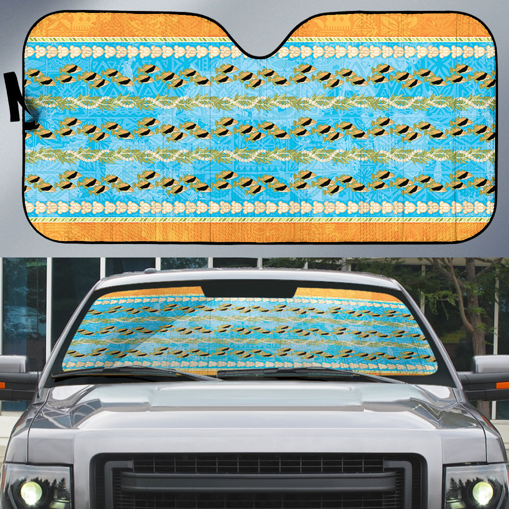 Hawaii Humuhumu Fish Maile Pikake Lei Auto Sun Shade Tribal Tapa Orange Version