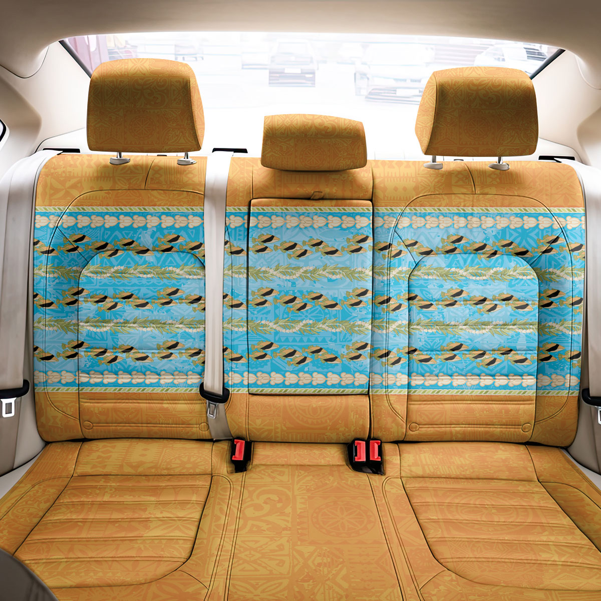 Hawaii Humuhumu Fish Maile Pikake Lei Back Car Seat Cover Tribal Tapa Orange Version