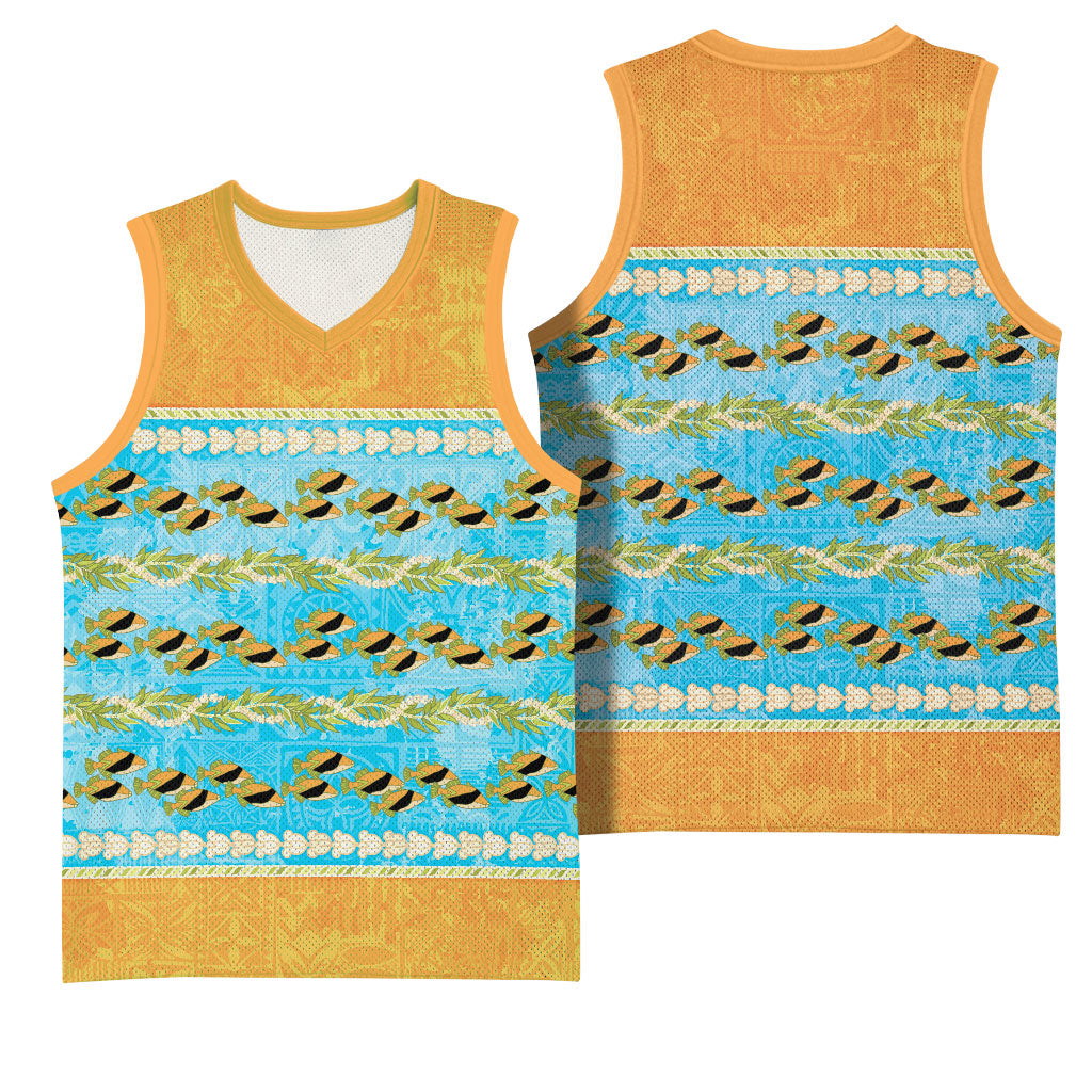 Hawaii Humuhumu Fish Maile Pikake Lei Basketball Jersey Tribal Tapa Orange Version