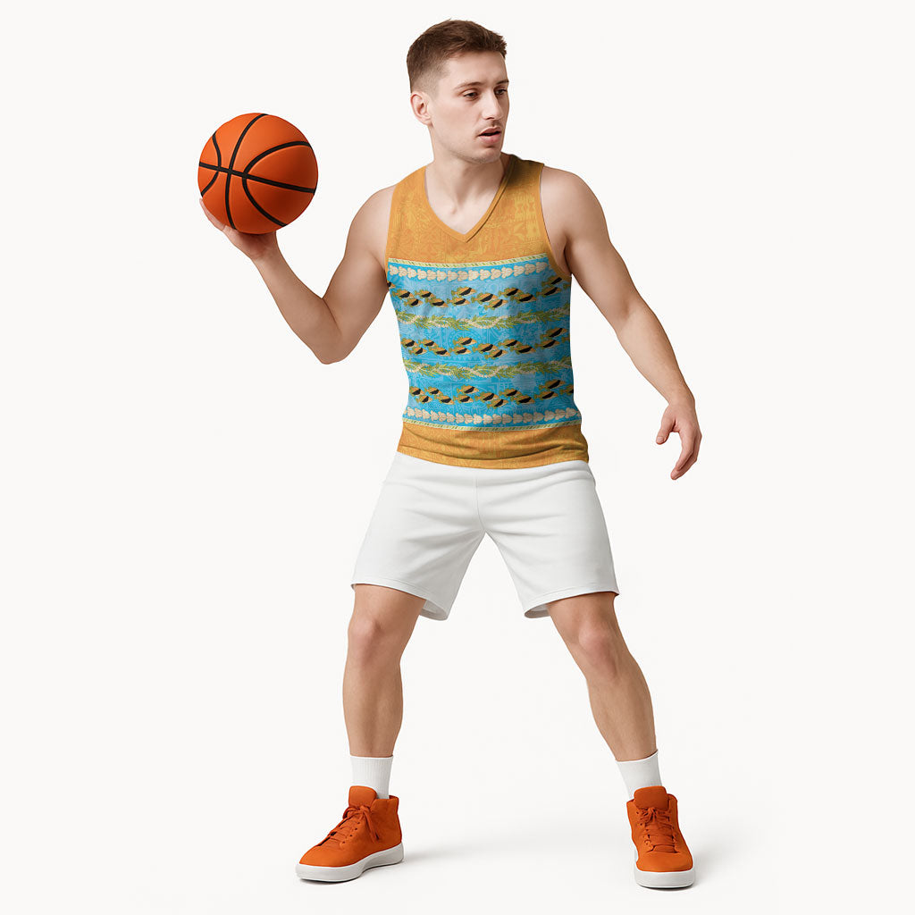 Hawaii Humuhumu Fish Maile Pikake Lei Basketball Jersey Tribal Tapa Orange Version
