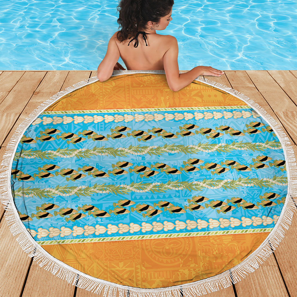 Hawaii Humuhumu Fish Maile Pikake Lei Beach Blanket Tribal Tapa Orange Version