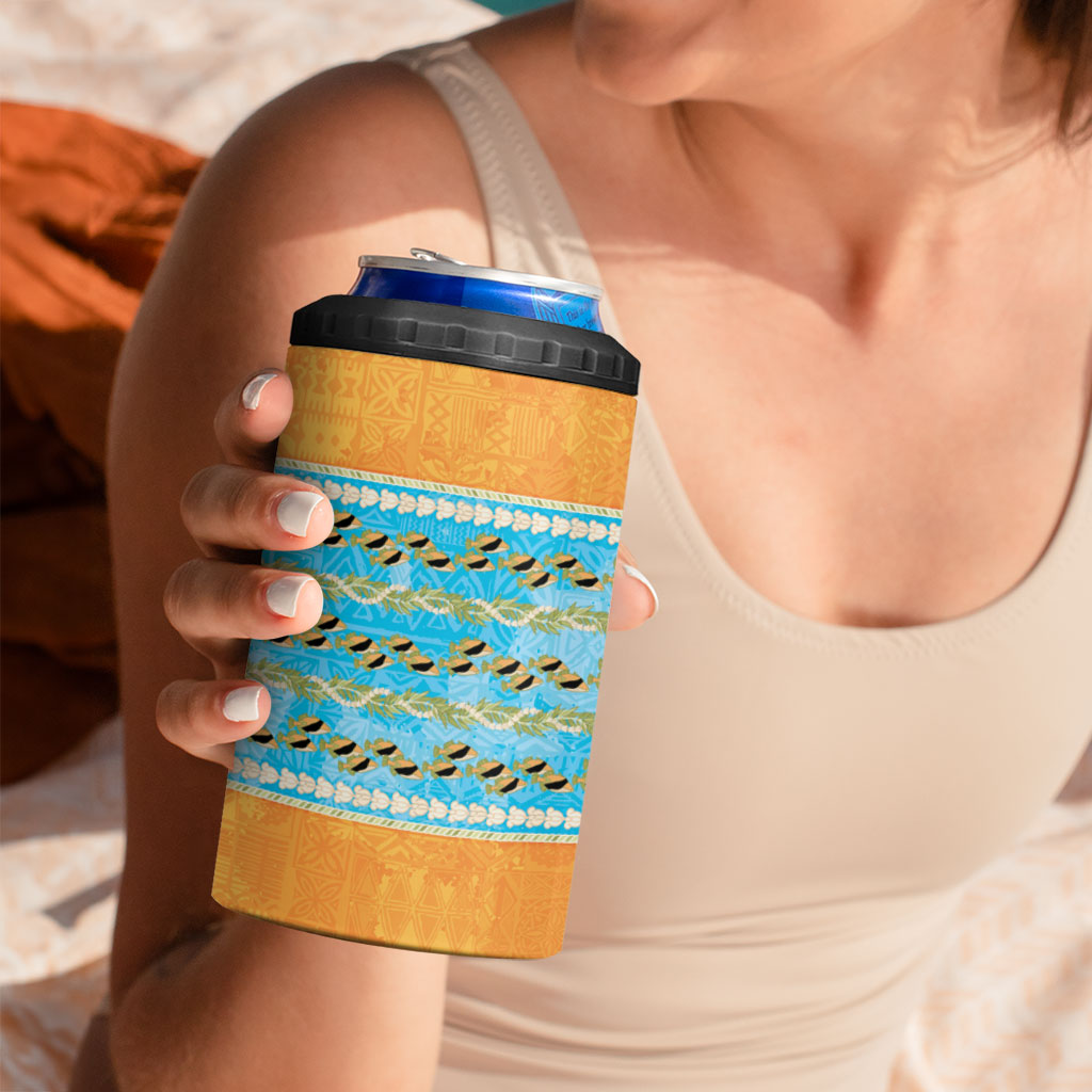 Hawaii Humuhumu Fish Maile Pikake Lei 4 in 1 Can Cooler Tumbler Tribal Tapa Orange Version