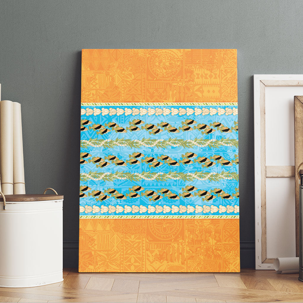 Hawaii Humuhumu Fish Maile Pikake Lei Canvas Wall Art Tribal Tapa Orange Version