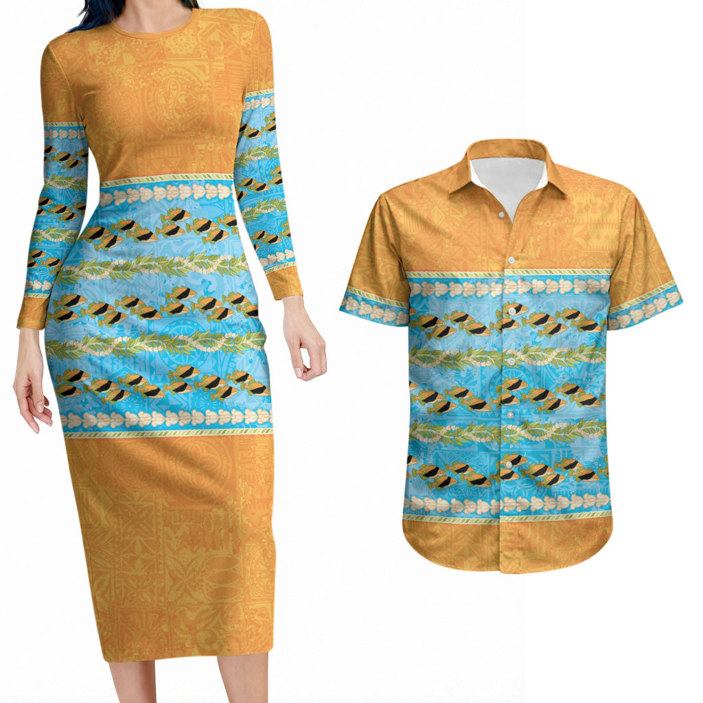Hawaii Humuhumu Fish Maile Pikake Lei Couples Matching Long Sleeve Bodycon Dress and Hawaiian Shirt Tribal Tapa Orange Version