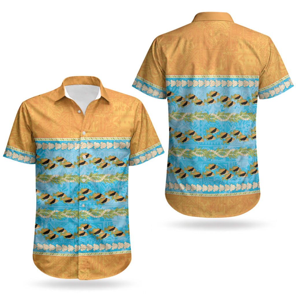 Hawaii Humuhumu Fish Maile Pikake Lei Couples Matching Long Sleeve Bodycon Dress and Hawaiian Shirt Tribal Tapa Orange Version