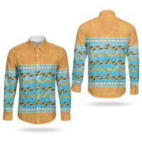 Hawaii Humuhumu Fish Maile Pikake Lei Couples Matching Long Sleeve Bodycon Dress and Long Sleeve Button Shirt Tribal Tapa Orange Version