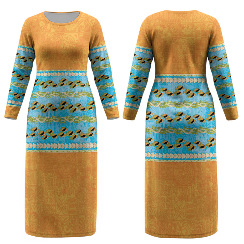 Hawaii Humuhumu Fish Maile Pikake Lei Couples Matching Long Sleeve Bodycon Dress and Long Sleeve Button Shirt Tribal Tapa Orange Version