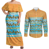 Hawaii Humuhumu Fish Maile Pikake Lei Couples Matching Off Shoulder Maxi Dress and Long Sleeve Button Shirt Tribal Tapa Orange Version
