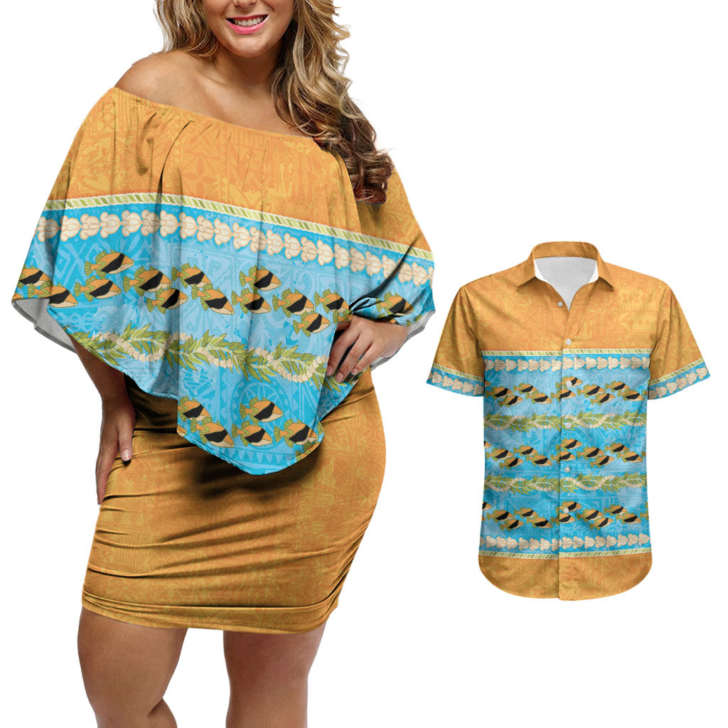 Hawaii Humuhumu Fish Maile Pikake Lei Couples Matching Off Shoulder Short Dress and Hawaiian Shirt Tribal Tapa Orange Version