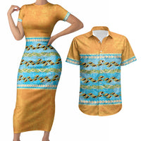 Hawaii Humuhumu Fish Maile Pikake Lei Couples Matching Short Sleeve Bodycon Dress and Hawaiian Shirt Tribal Tapa Orange Version