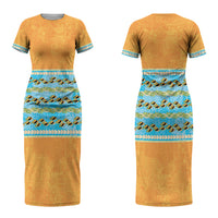 Hawaii Humuhumu Fish Maile Pikake Lei Couples Matching Short Sleeve Bodycon Dress and Long Sleeve Button Shirt Tribal Tapa Orange Version