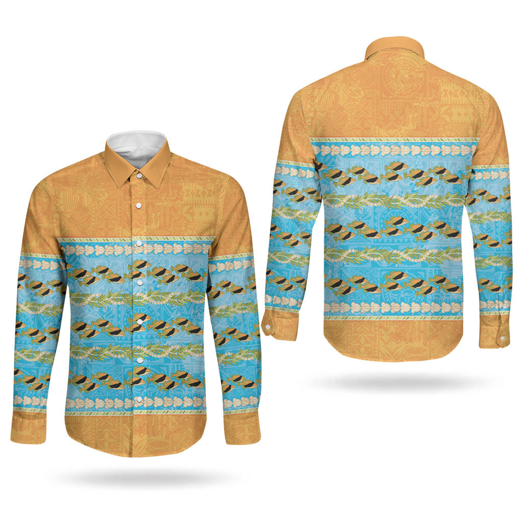 Hawaii Humuhumu Fish Maile Pikake Lei Couples Matching Summer Maxi Dress and Long Sleeve Button Shirt Tribal Tapa Orange Version