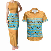 Hawaii Humuhumu Fish Maile Pikake Lei Couples Matching Tank Maxi Dress and Hawaiian Shirt Tribal Tapa Orange Version
