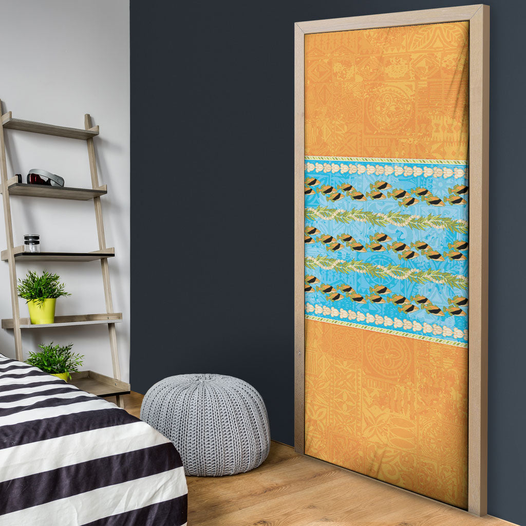 Hawaii Humuhumu Fish Maile Pikake Lei Door Cover Tribal Tapa Orange Version