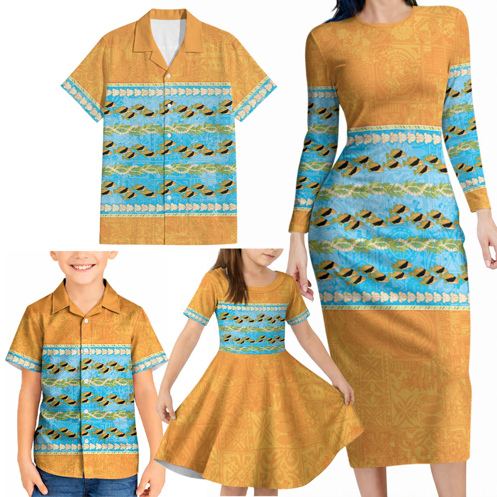 Hawaii Humuhumu Fish Maile Pikake Lei Family Matching Long Sleeve Bodycon Dress and Hawaiian Shirt Tribal Tapa Orange Version LT05 - Polynesian Pride