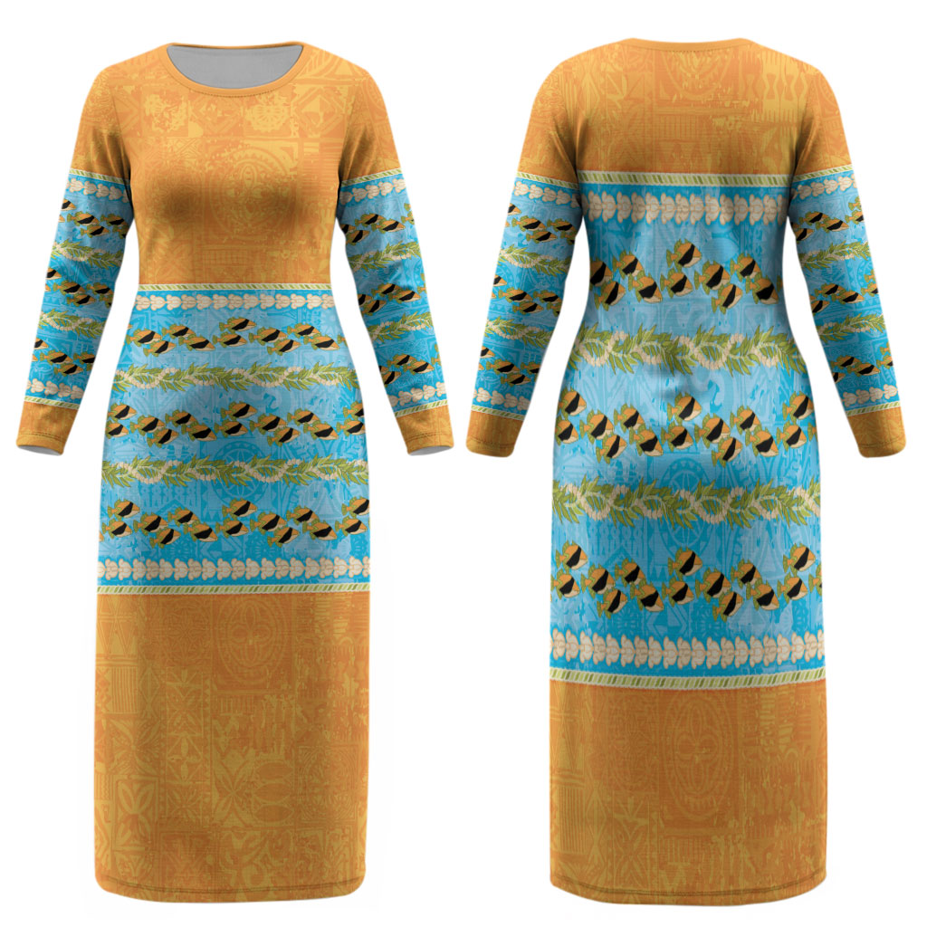 Hawaii Humuhumu Fish Maile Pikake Lei Family Matching Long Sleeve Bodycon Dress and Hawaiian Shirt Tribal Tapa Orange Version