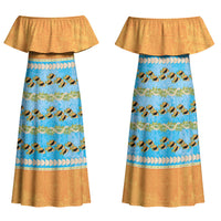 Hawaii Humuhumu Fish Maile Pikake Lei Family Matching Off Shoulder Maxi Dress and Hawaiian Shirt Tribal Tapa Orange Version