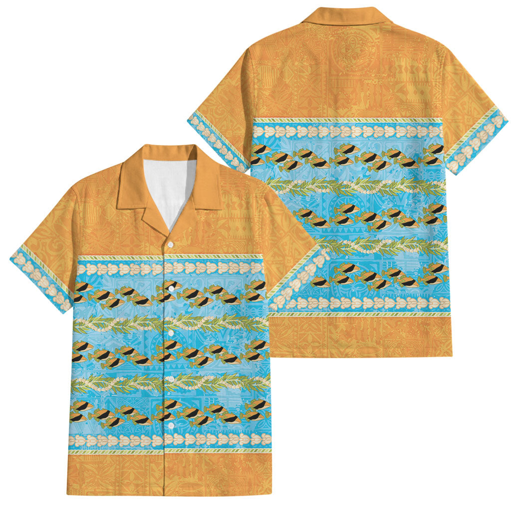 Hawaii Humuhumu Fish Maile Pikake Lei Family Matching Off Shoulder Short Dress and Hawaiian Shirt Tribal Tapa Orange Version