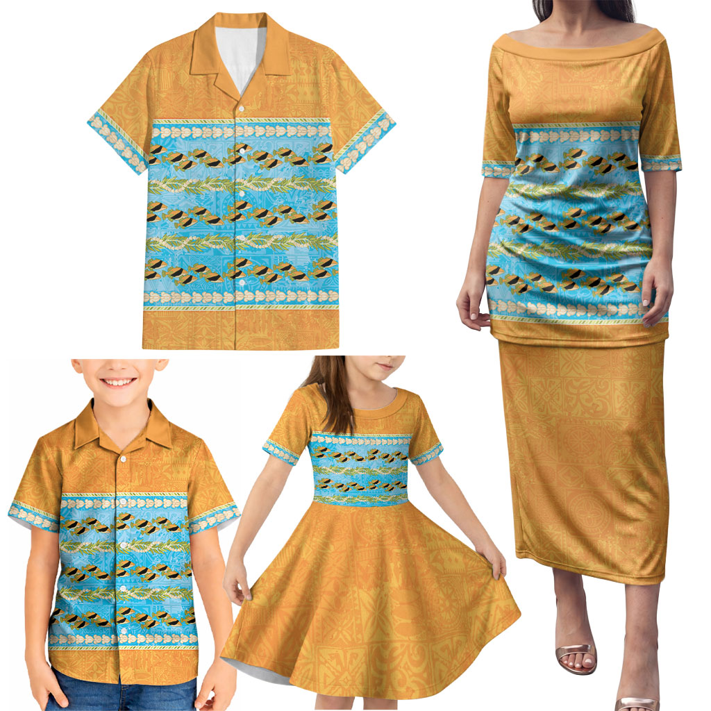 Hawaii Humuhumu Fish Maile Pikake Lei Family Matching Puletasi and Hawaiian Shirt Tribal Tapa Orange Version LT05 - Polynesian Pride