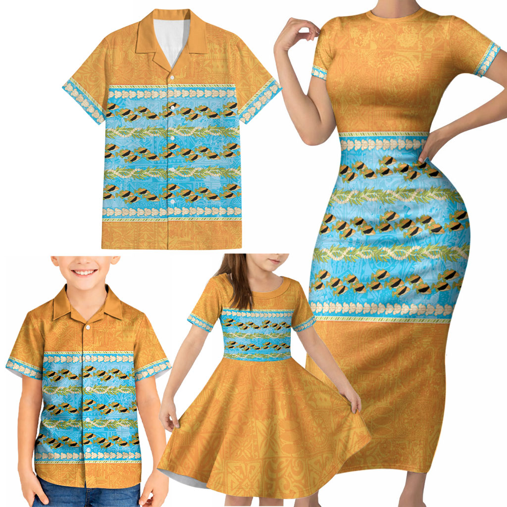 Hawaii Humuhumu Fish Maile Pikake Lei Family Matching Short Sleeve Bodycon Dress and Hawaiian Shirt Tribal Tapa Orange Version LT05 - Polynesian Pride
