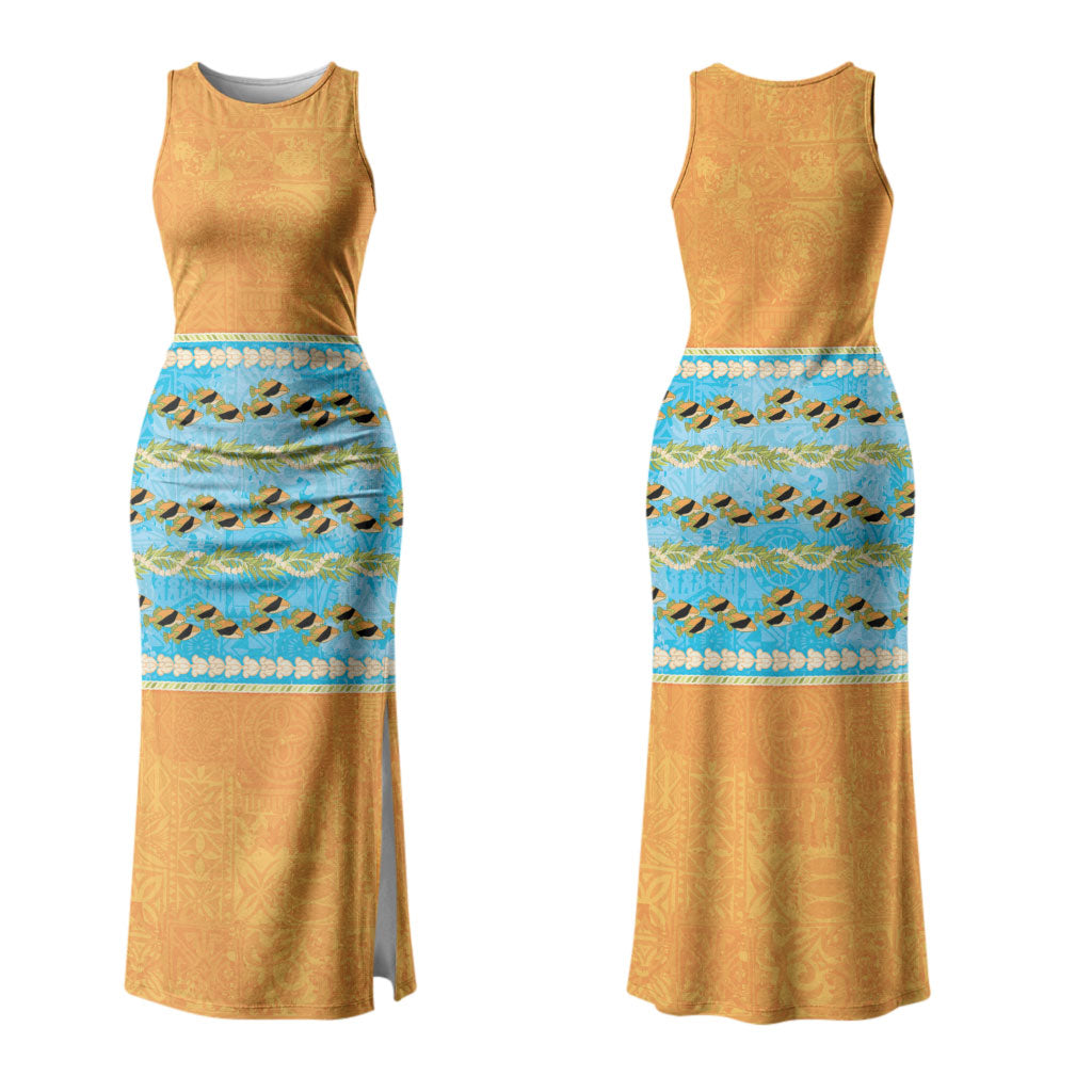 Hawaii Humuhumu Fish Maile Pikake Lei Family Matching Tank Maxi Dress and Hawaiian Shirt Tribal Tapa Orange Version