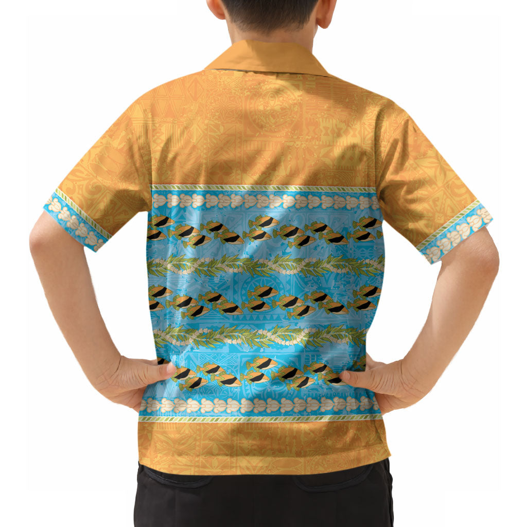 Hawaii Humuhumu Fish Maile Pikake Lei Hawaiian Shirt Tribal Tapa Orange Version