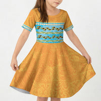 Hawaii Humuhumu Fish Maile Pikake Lei Kid Short Sleeve Dress Tribal Tapa Orange Version