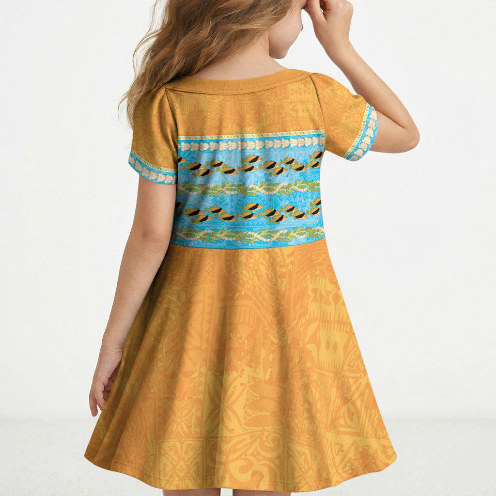 Hawaii Humuhumu Fish Maile Pikake Lei Kid Short Sleeve Dress Tribal Tapa Orange Version