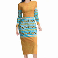 Hawaii Humuhumu Fish Maile Pikake Lei Long Sleeve Bodycon Dress Tribal Tapa Orange Version