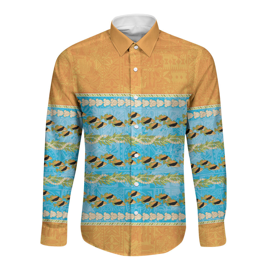 Hawaii Humuhumu Fish Maile Pikake Lei Long Sleeve Button Shirt Tribal Tapa Orange Version LT05 Unisex Orange - Polynesian Pride
