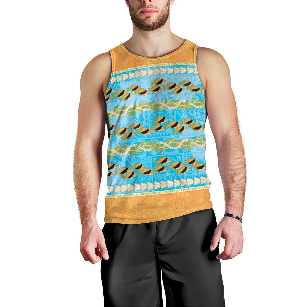 Hawaii Humuhumu Fish Maile Pikake Lei Men Tank Top Tribal Tapa Orange Version