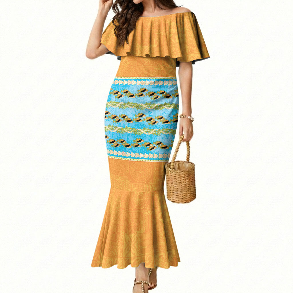 Hawaii Humuhumu Fish Maile Pikake Lei Mermaid Dress Tribal Tapa Orange Version