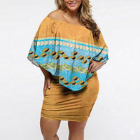Hawaii Humuhumu Fish Maile Pikake Lei Off Shoulder Short Dress Tribal Tapa Orange Version