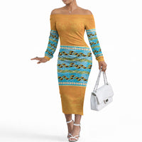 Hawaii Humuhumu Fish Maile Pikake Lei Off The Shoulder Long Sleeve Dress Tribal Tapa Orange Version