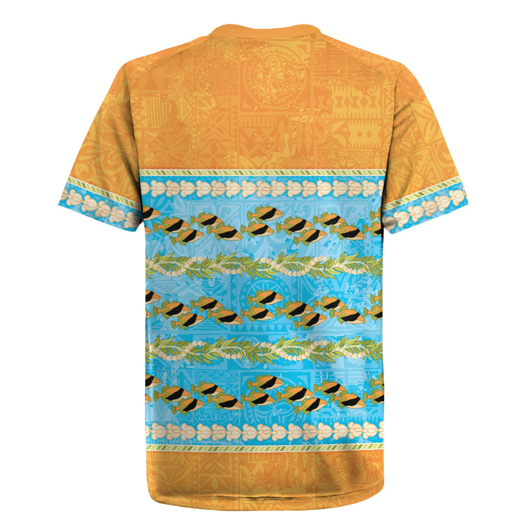 Hawaii Humuhumu Fish Maile Pikake Lei Rugby Jersey Tribal Tapa Orange Version