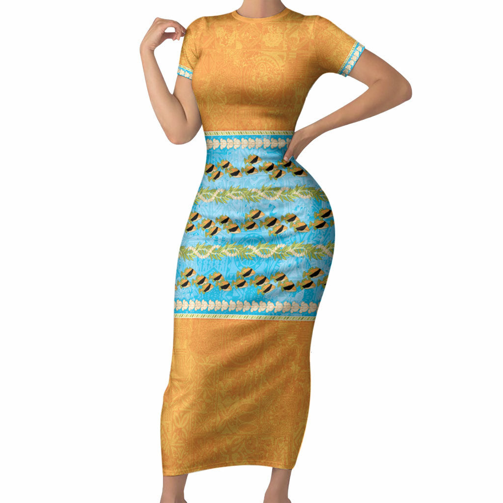 Hawaii Humuhumu Fish Maile Pikake Lei Short Sleeve Bodycon Dress Tribal Tapa Orange Version