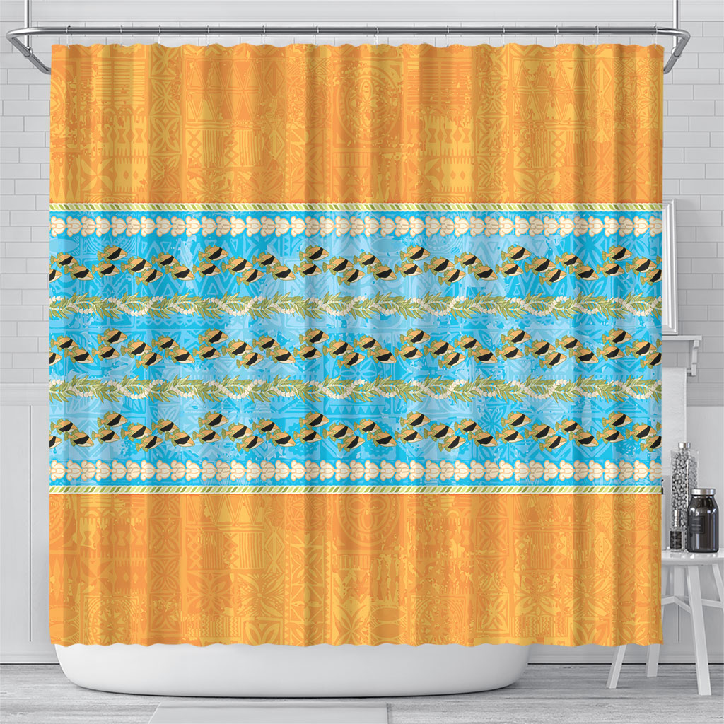 Hawaii Humuhumu Fish Maile Pikake Lei Shower Curtain Tribal Tapa Orange Version
