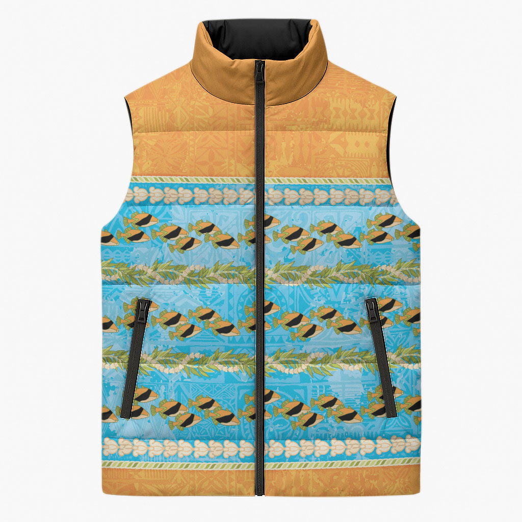 Hawaii Humuhumu Fish Maile Pikake Lei Sleeveless Puffer Jacket Tribal Tapa Orange Version
