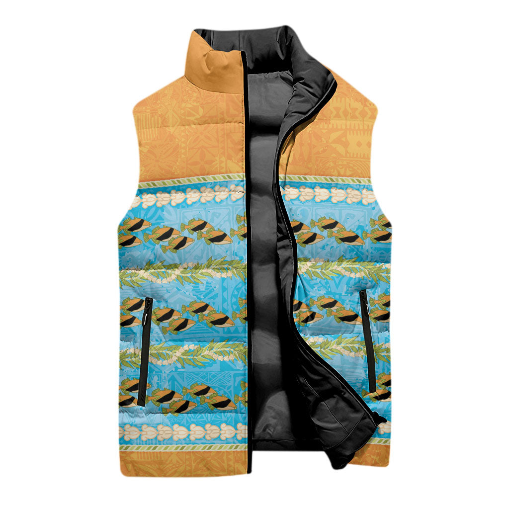 Hawaii Humuhumu Fish Maile Pikake Lei Sleeveless Puffer Jacket Tribal Tapa Orange Version